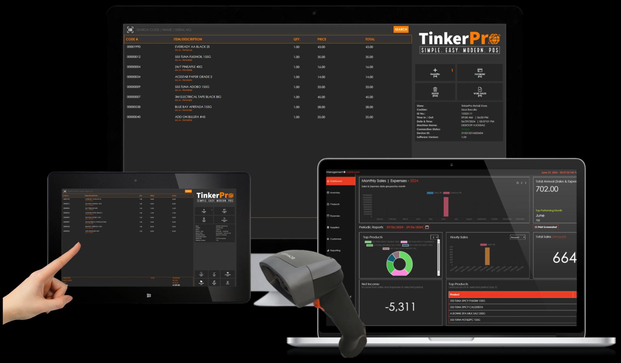 TinkerPro POS dashboard with real-time sales analytics and inventory tracking