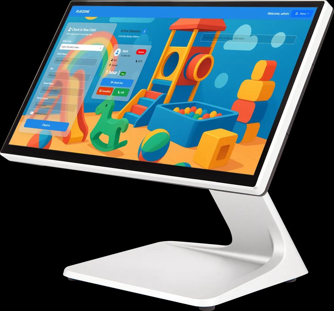 TinkerPro Kids Playhouse management system demo with playtime tracking, digital countdown timers, booking system, and payment processing for children's play areas