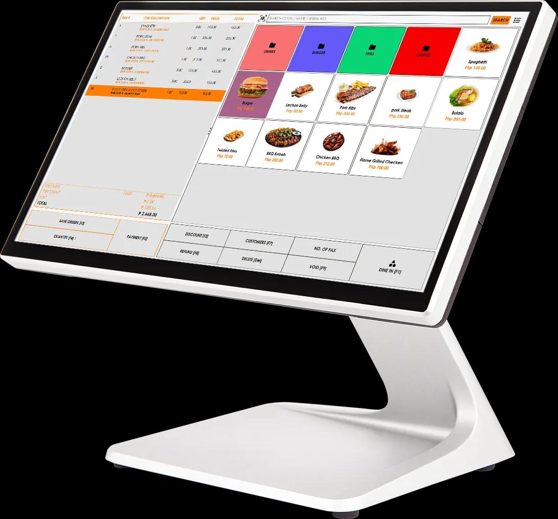 TinkerPro QuickServe POS demo displaying restaurant point of sale system with table management, order tracking, menu builder, kitchen display integration for cafes, restaurants, salons, and service businesses