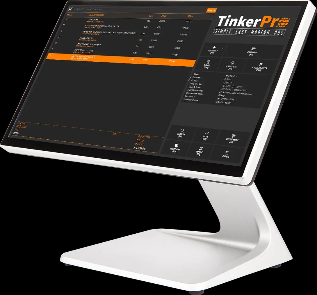 TinkerPro QuickTrade POS demo showing retail point of sale interface with inventory management, barcode scanner, product catalog, and sales reporting for grocery, pharmacy, hardware, and wholesale businesses